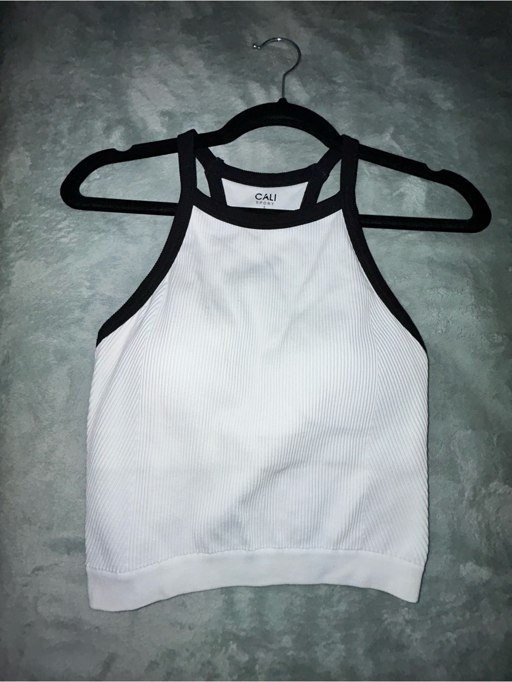 Cali Sport White Ribbed Halter Tank with Black Trim